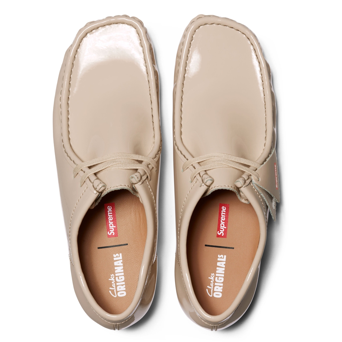 Details on Supreme Clarks Originals Patent Leather Wallabee Natural from spring summer
                                                    2024 (Price is $178)