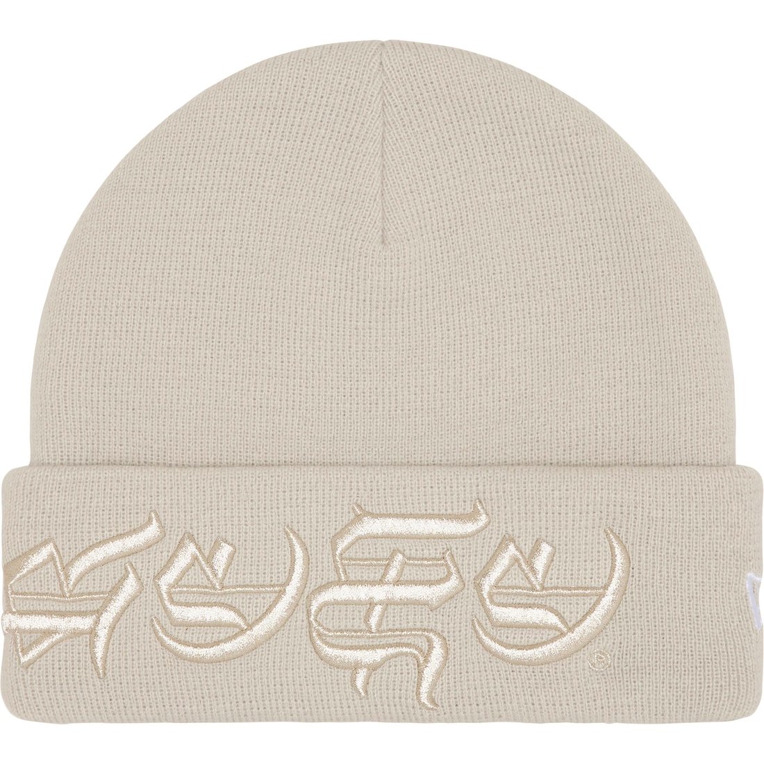 Details on New Era Blackletter Beanie Stone from spring summer
                                                    2025 (Price is $40)