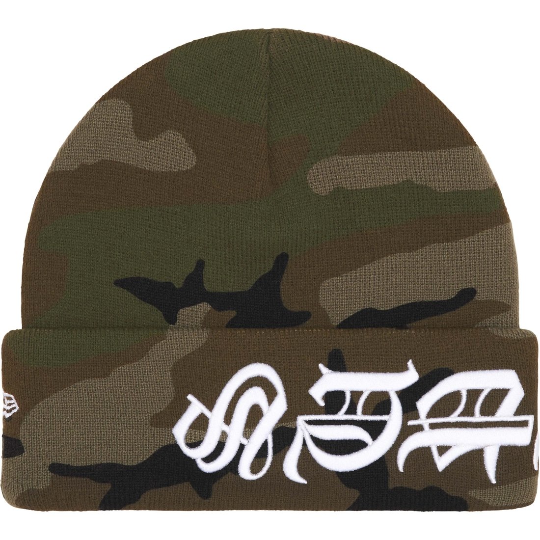 Details on New Era Blackletter Beanie Woodland Camo from spring summer
                                                    2025 (Price is $40)