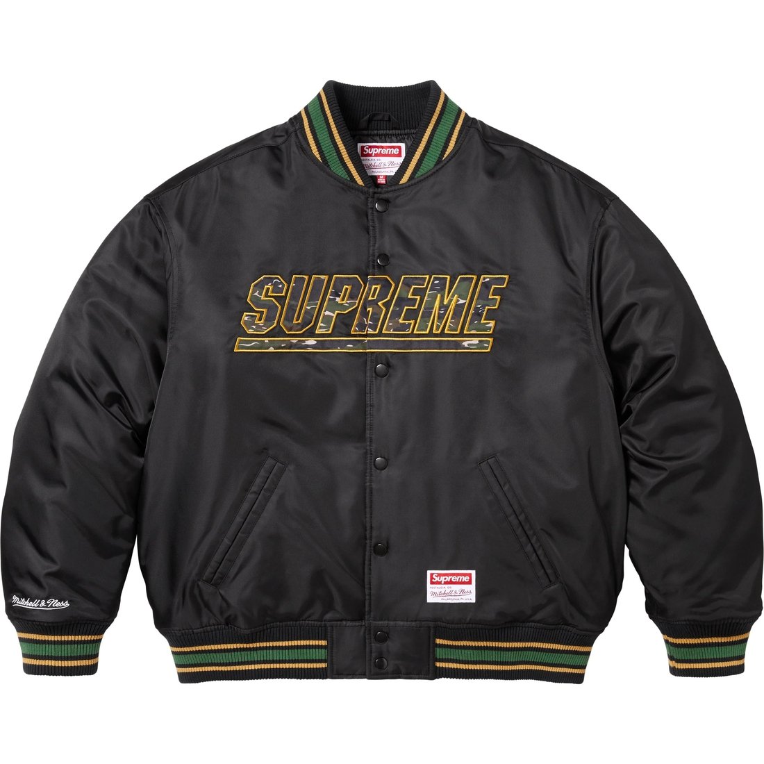 Details on Supreme Mitchell & Ness Camo Logo Varsity Jacket Black from spring summer
                                                    2025 (Price is $268)