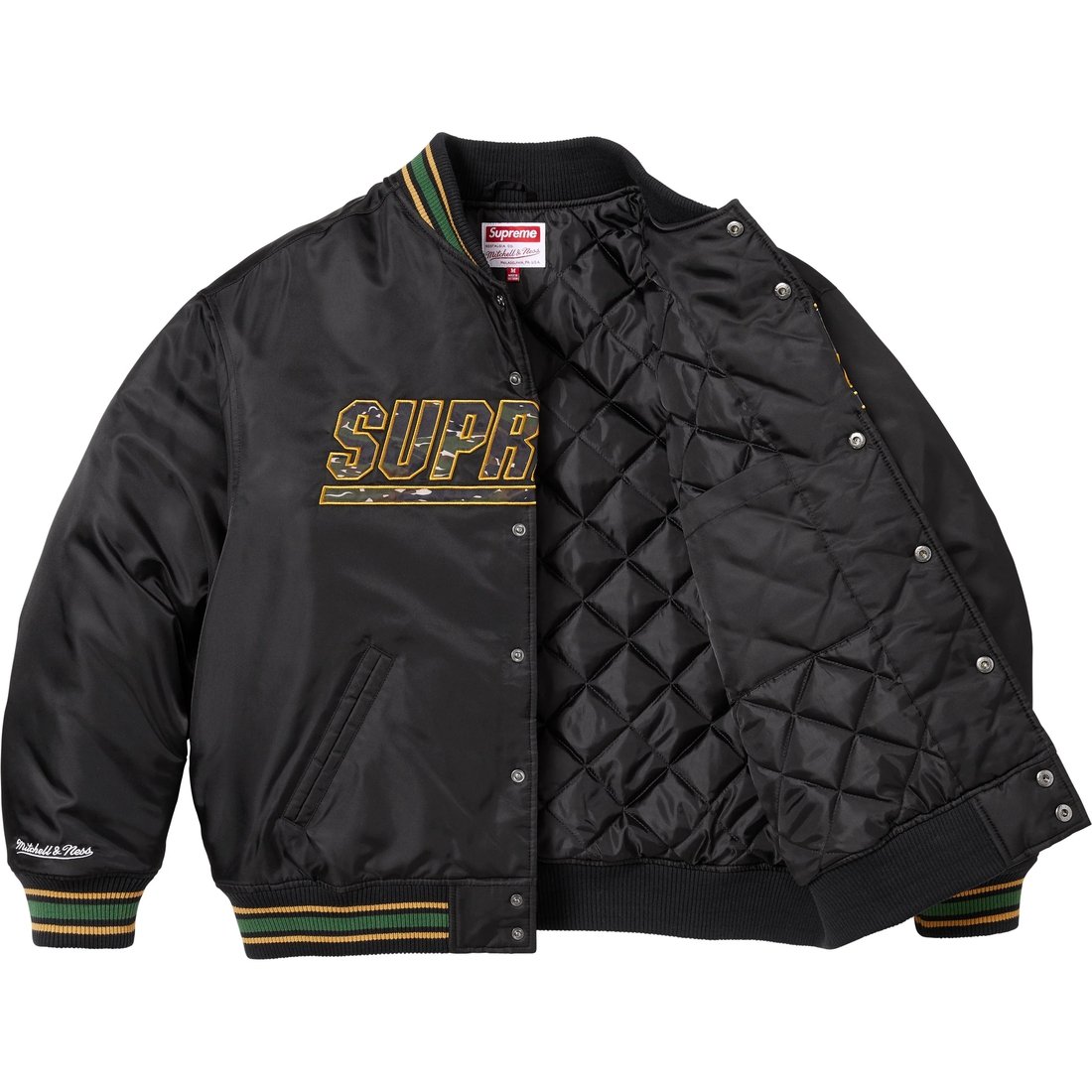 Details on Supreme Mitchell & Ness Camo Logo Varsity Jacket Black from spring summer
                                                    2025 (Price is $268)