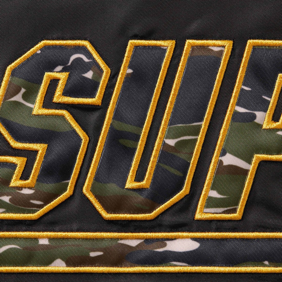 Details on Supreme Mitchell & Ness Camo Logo Varsity Jacket Black from spring summer
                                                    2025 (Price is $268)