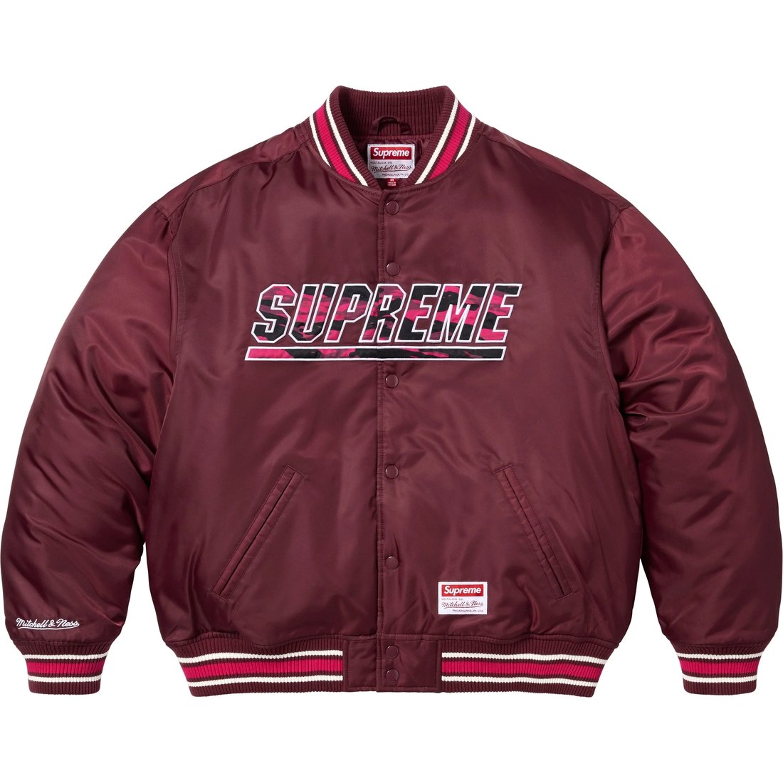 Details on Supreme Mitchell & Ness Camo Logo Varsity Jacket Burgundy from spring summer
                                                    2025 (Price is $268)