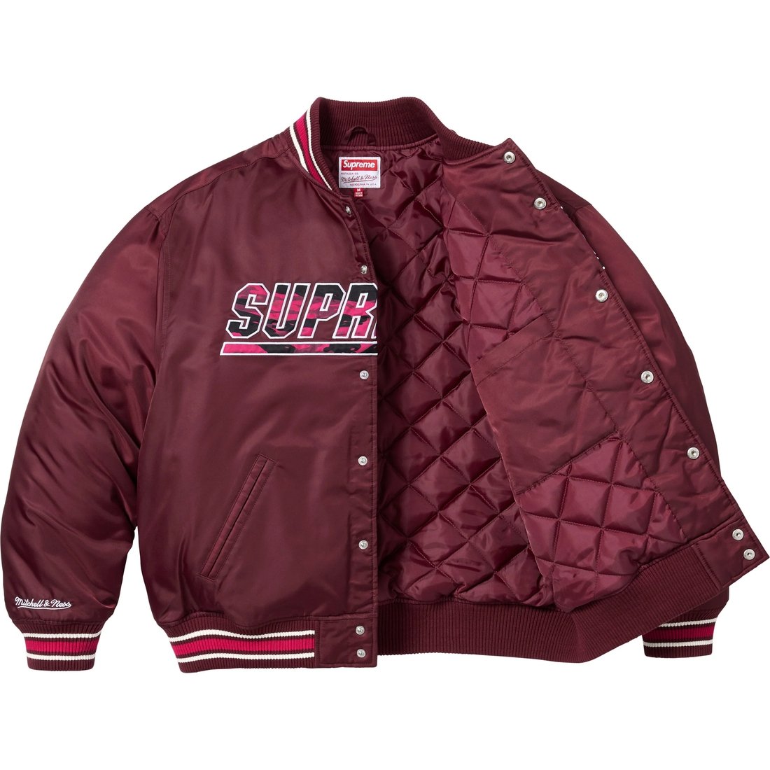 Details on Supreme Mitchell & Ness Camo Logo Varsity Jacket Burgundy from spring summer
                                                    2025 (Price is $268)