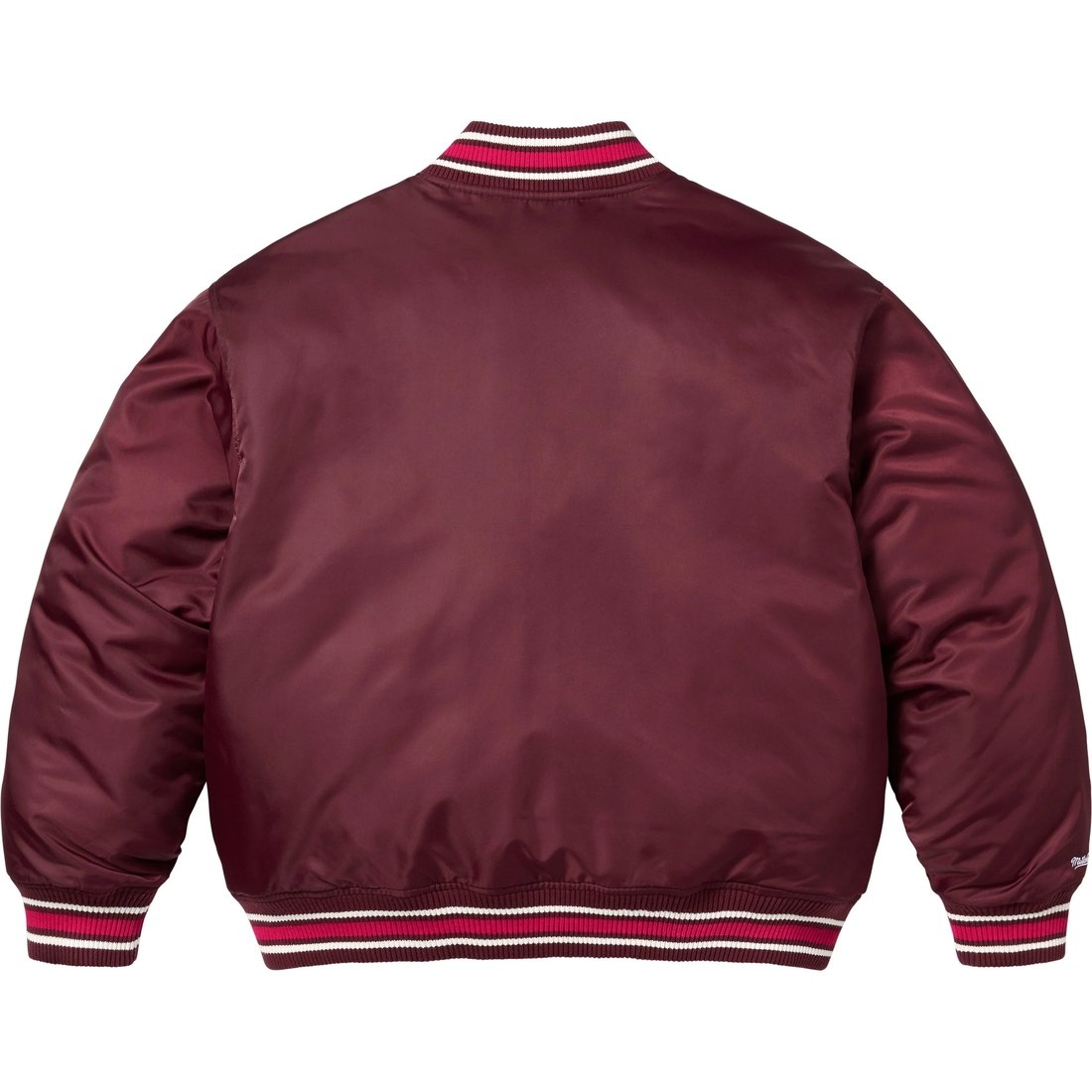 Details on Supreme Mitchell & Ness Camo Logo Varsity Jacket Burgundy from spring summer
                                                    2025 (Price is $268)