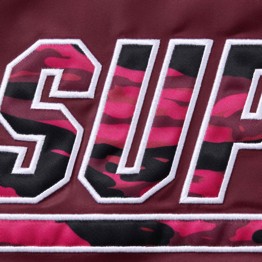 Details on Supreme Mitchell & Ness Camo Logo Varsity Jacket Burgundy from spring summer
                                                    2025 (Price is $268)