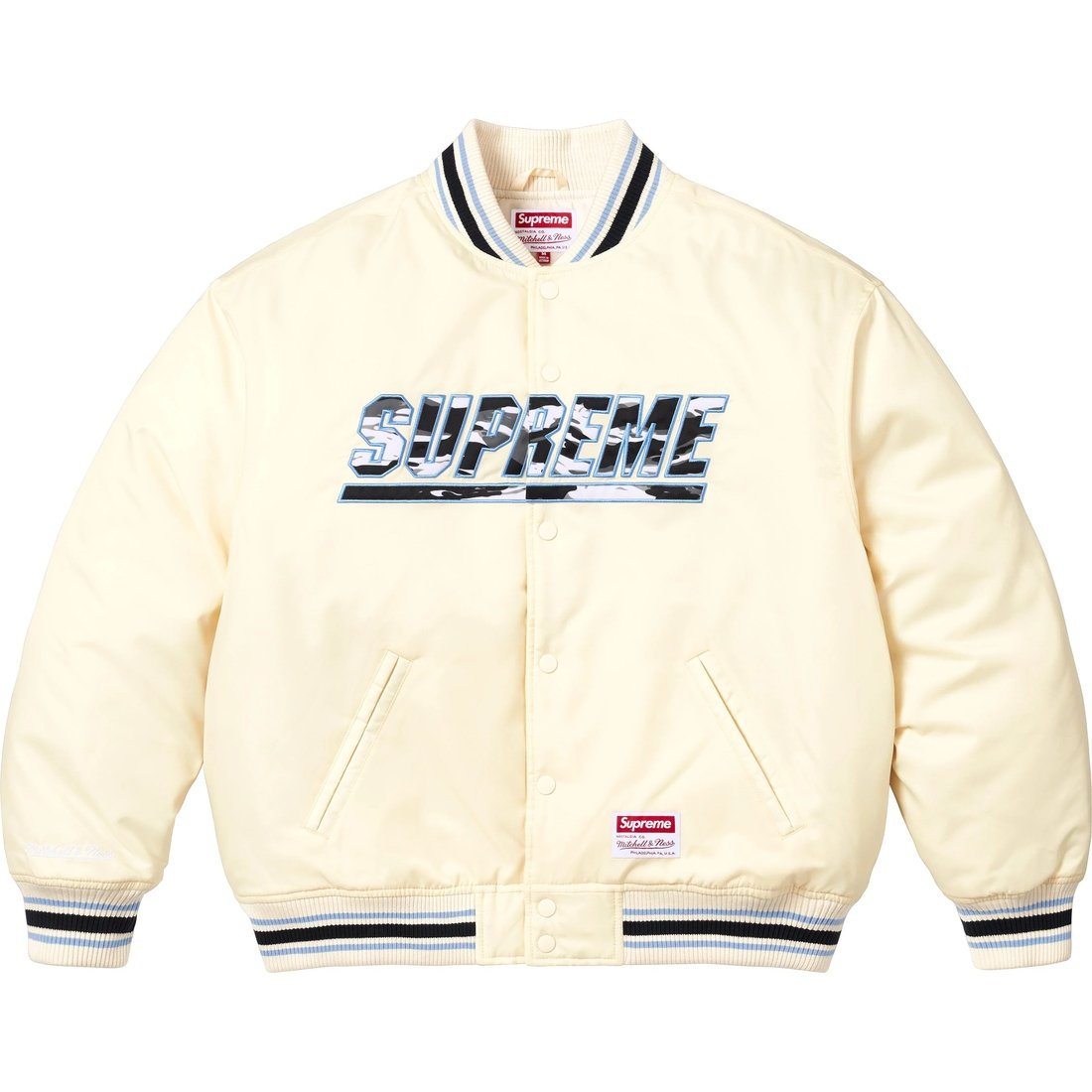 Details on Supreme Mitchell & Ness Camo Logo Varsity Jacket White from spring summer
                                                    2025 (Price is $268)