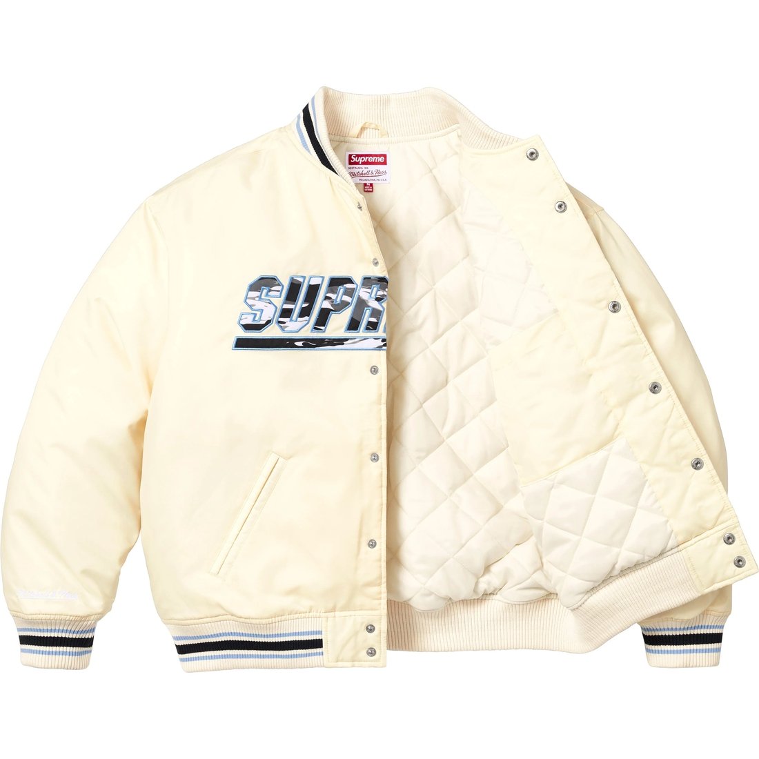 Details on Supreme Mitchell & Ness Camo Logo Varsity Jacket White from spring summer
                                                    2025 (Price is $268)