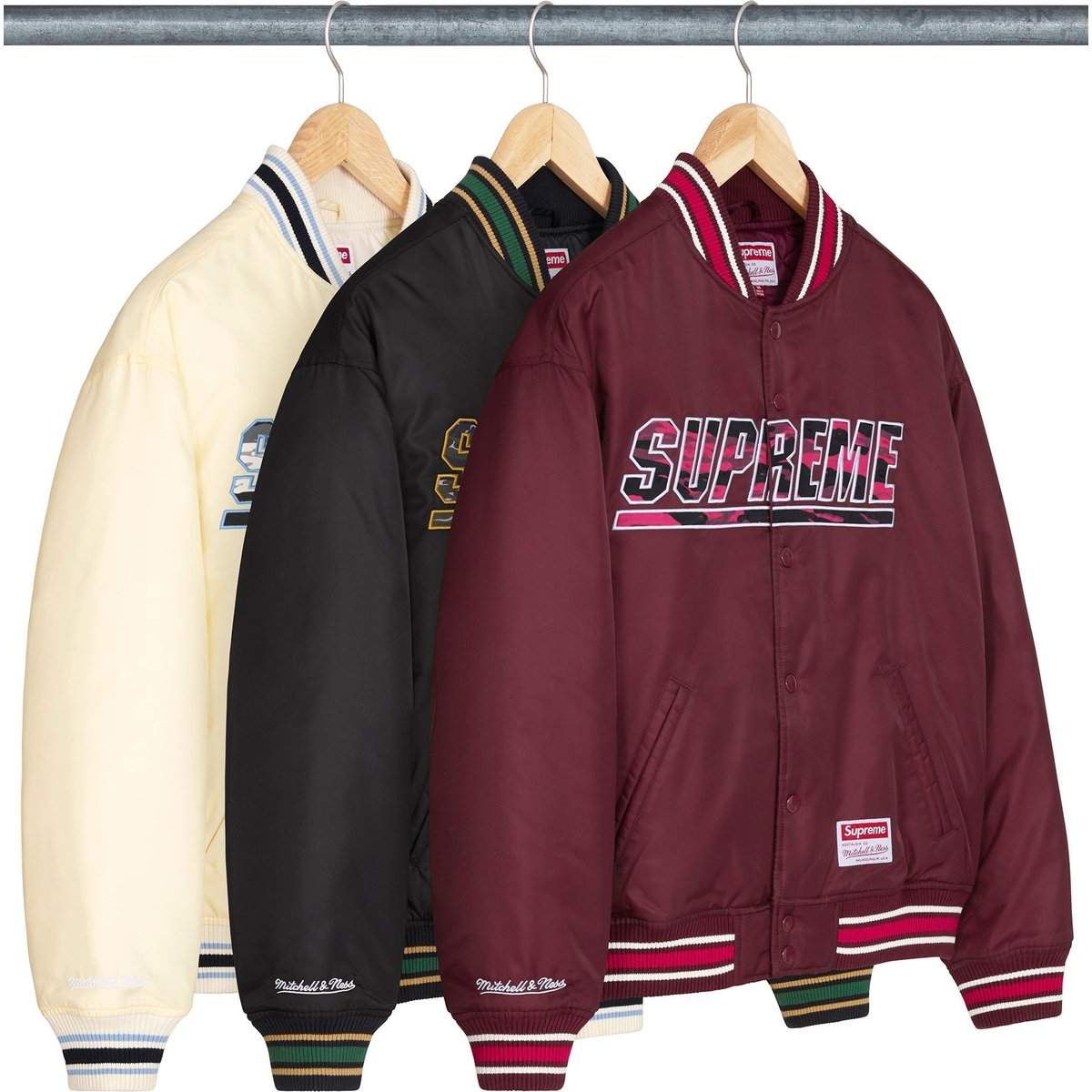 Supreme Supreme Mitchell & Ness Camo Logo Varsity Jacket releasing on Week 1 for spring summer 2025