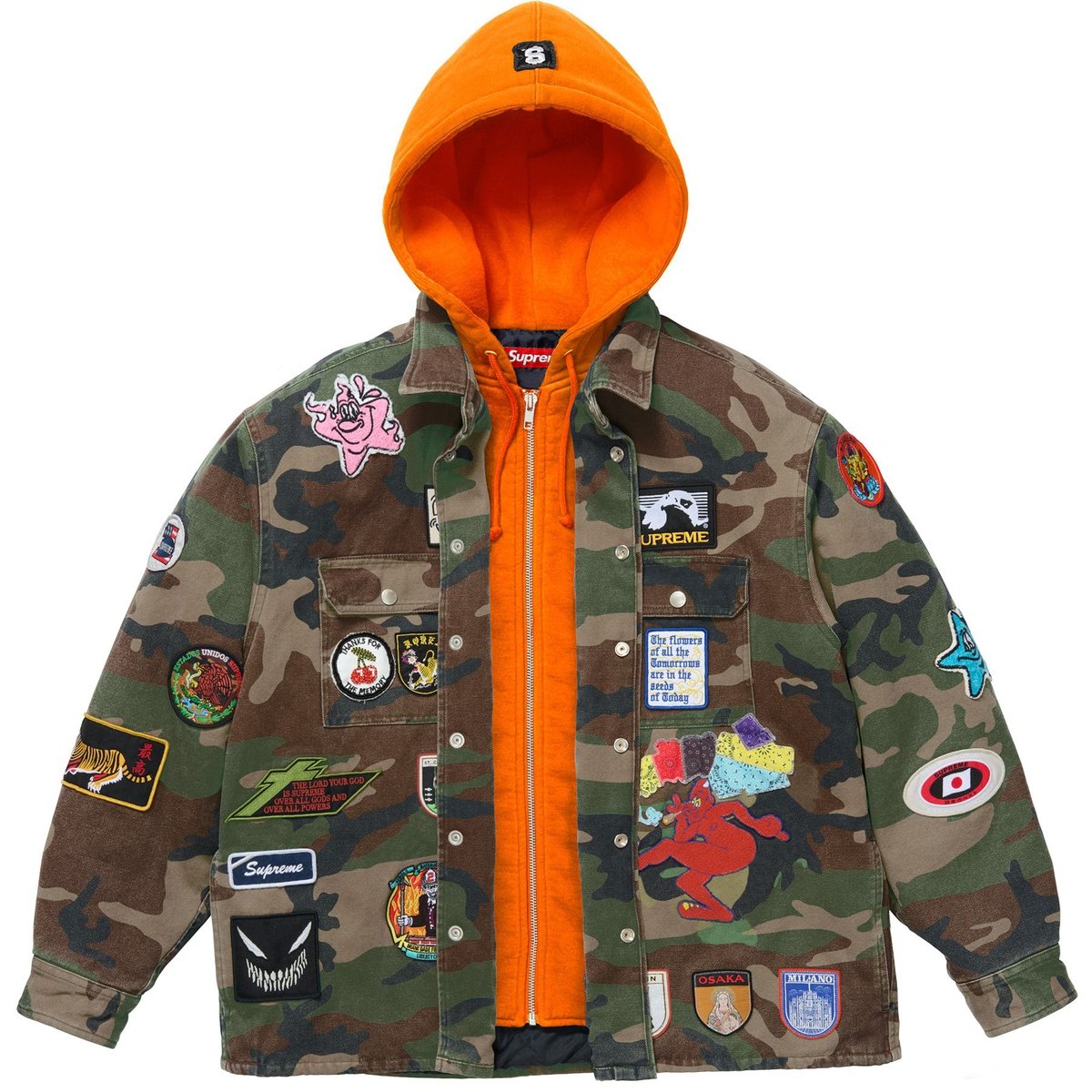 Details on Patches Hooded Zip Up Shirt Woodland Camo from spring summer
                                                    2025